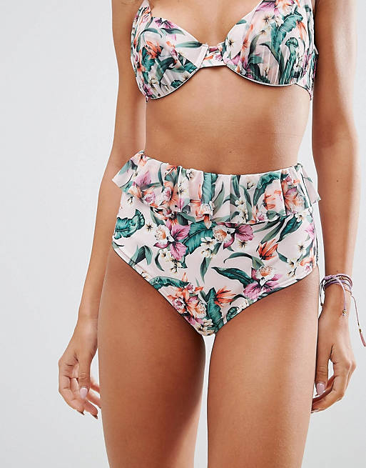 ASOS DESIGN Girly Tropical Print Frill High Waist Bikini Bottom