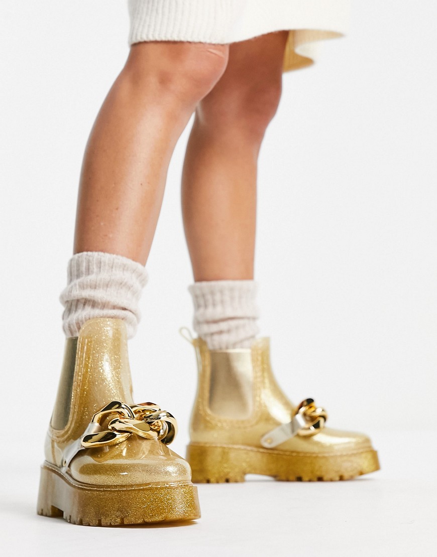 ASOS DESIGN Giselle chunky chain rain boots in gold glitter