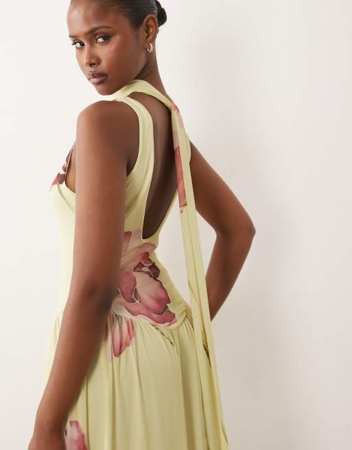 ASOS DESIGN - Gladde maxi jurk met sjaaldetail in gele bloemenprint, 2 van 4