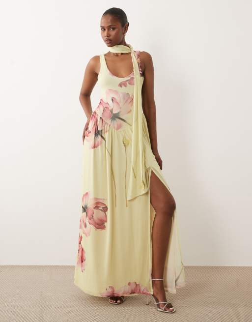 ASOS DESIGN - Gladde maxi jurk met sjaaldetail in gele bloemenprint, 3 van 4