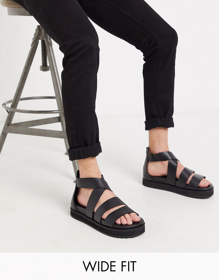 ASOS DESIGN - Gladiator sandalen met brede pasvorm en dikke zool van zwart leer