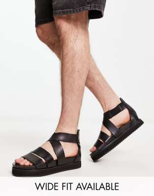 Asos Design Gladiator Sandals In Black Leather With Chunky Sole