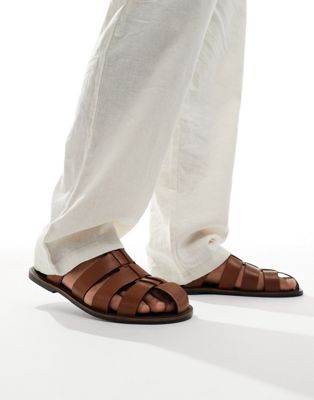 Asos Design Gladiator Sandals In Tan Leather-brown