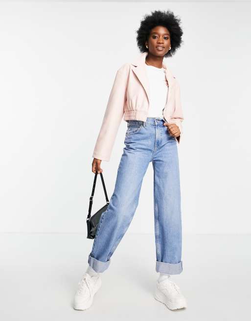 ASOS DESIGN glam cropped faux leather jacket in pink | ASOS