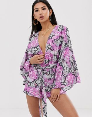 ASOS DESIGN glam kimono sleeve beach romper in pastel neon snake print ...