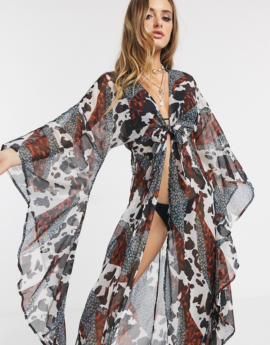 ASOS DESIGN glam maxi beach kimono with exaggerated sleeves in spliced animal floral print-Multi