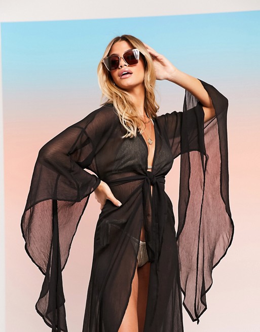 ASOS DESIGN SWIM GLAM maxi beach kimono with exaggerated sleeves