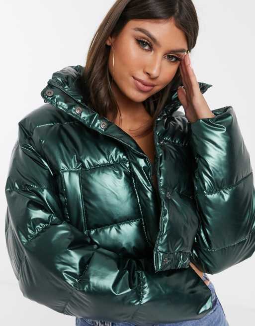 Metallic cropped puffer store jacket