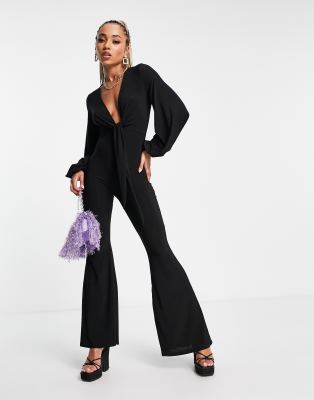 ASOS DESIGN glam plunge tie front jumpsuit in black