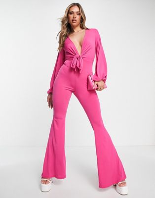 ASOS DESIGN glam plunge tie front jumpsuit in slinky in bright pink