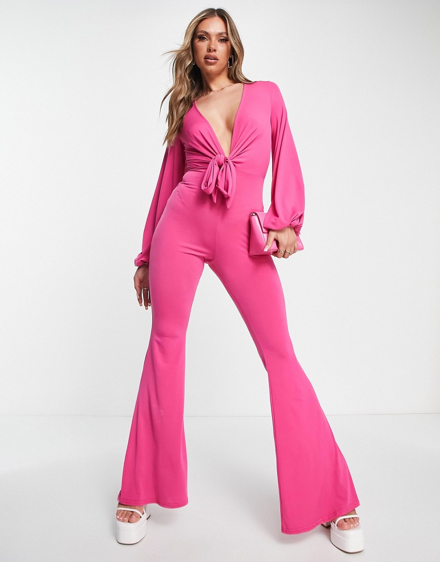 ASOS DESIGN glam plunge tie front jumpsuit in slinky in bright pink