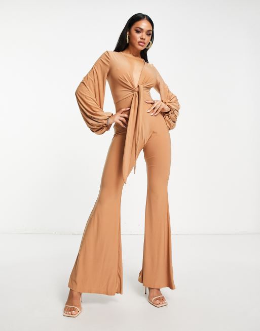 Rust Rib Twist Detail Plunge Flared Jumpsuit