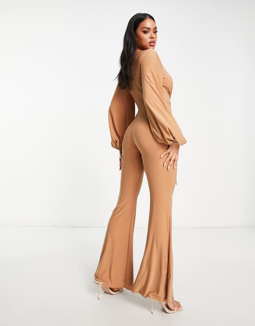 ASOS DESIGN glam plunge tie front jumpsuit in slinky in mocha