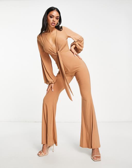 ASOS DESIGN glam plunge tie front jumpsuit in slinky in mocha