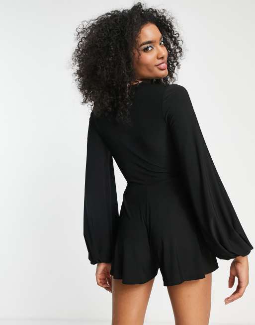 ASOS DESIGN glam plunge tie front playsuit in black