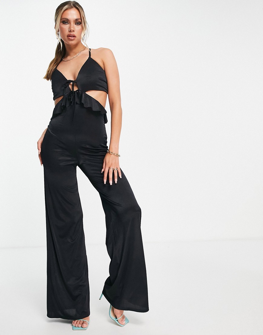 ASOS DESIGN glam strappy cut out satin frill jumpsuit in black