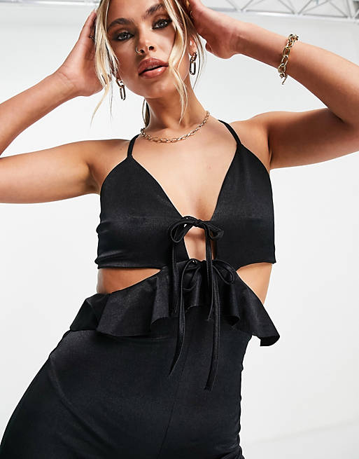 Women glam strappy cut out satin frill jumpsuit in black 