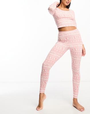 ASOS DESIGN - Glamouröser Weihnachts-Pyjama in Rosa mit langärmligem Oberteil und Leggings mit Norwegermuster