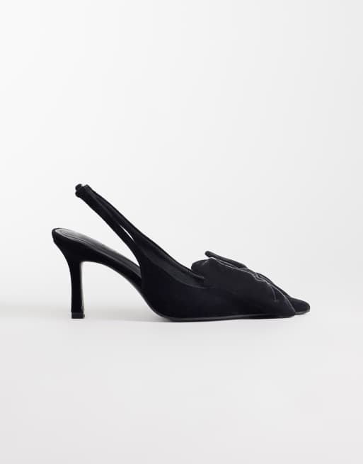 ASOS DESIGN glansiga slingback-skor med rosettdetalj och mellanhög klack i svart sammet, 2 av 4
