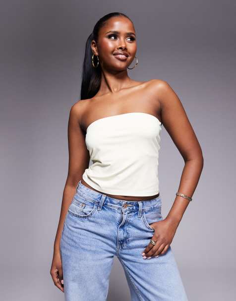 ASOS DESIGN - Glanzende bandeautop van premium polyamide in crème - view 1