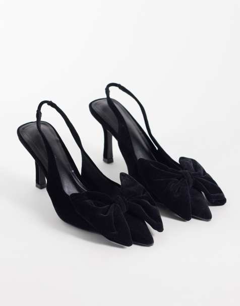 ASOS DESIGN glänzende Slingback-Schuhe mit Schleifendetail und mittelhohem Absatz in Schwarz aus Samt - view 1
