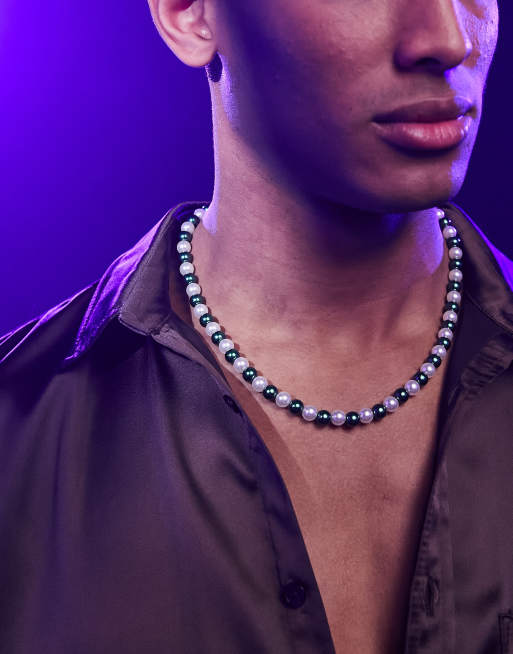 ASOS DESIGN glass faux pearl beaded necklace in green and white  