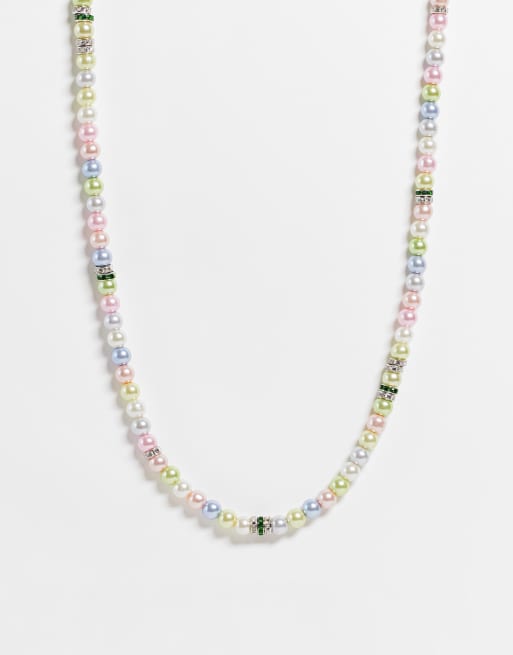 ASOS DESIGN glass faux pearl necklace with crystal rondelle detail in multicolour