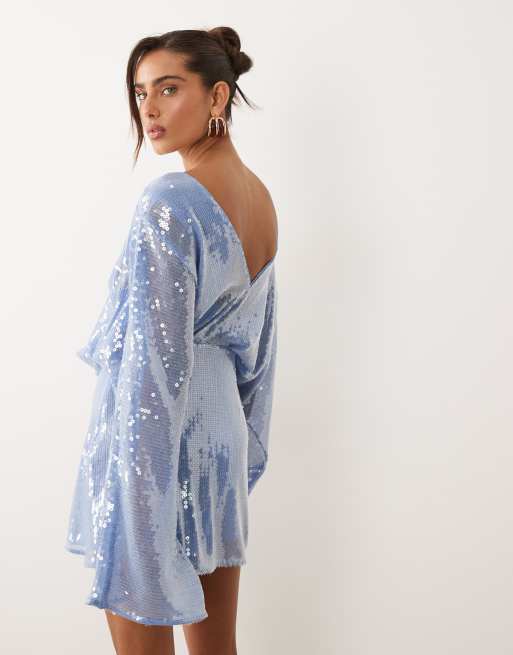 ASOS DESIGN glass sequin batwing mini dress with draped front bodice in blue, 4 of 4