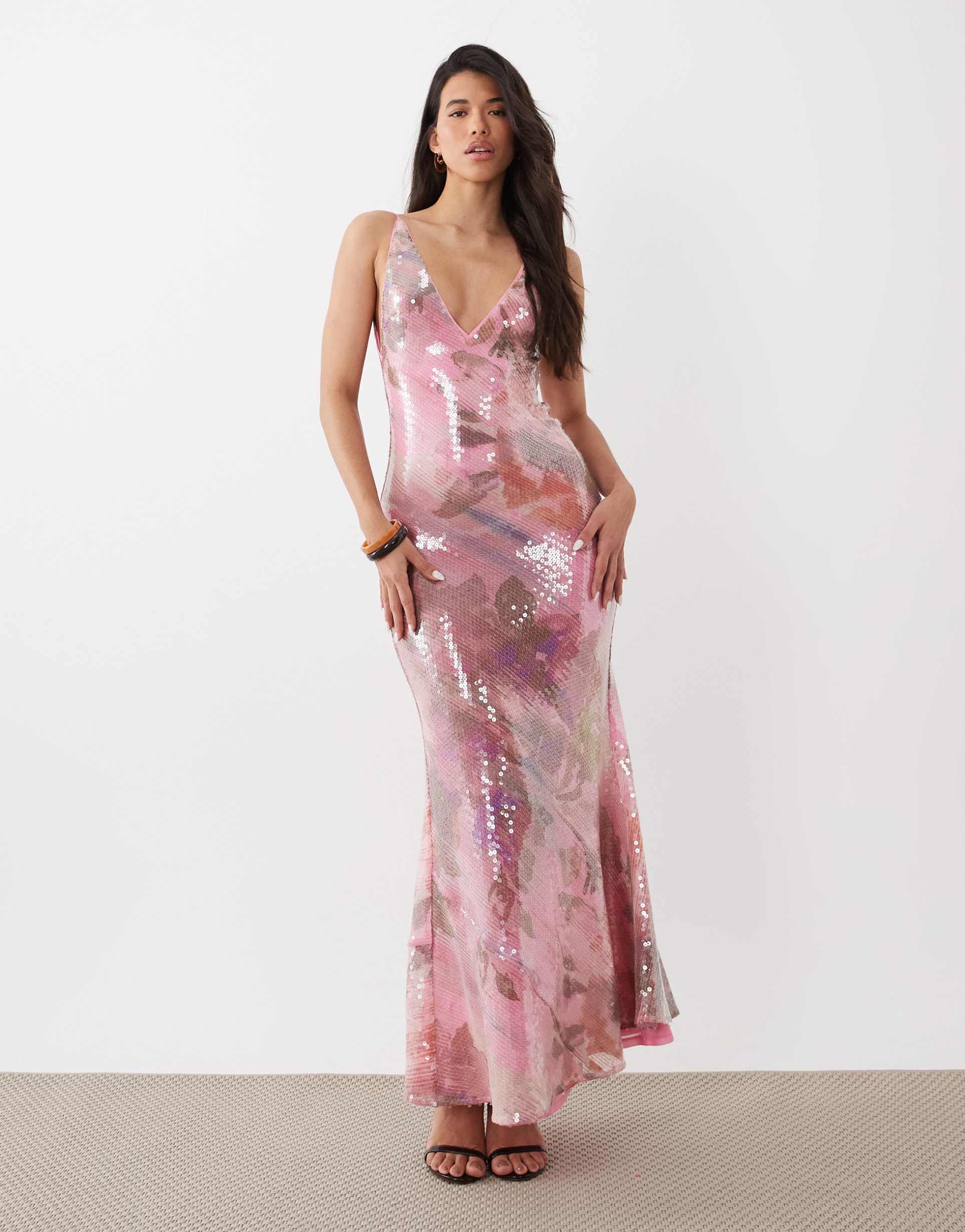 asos design glass sequin deep plunge fishtail maxi dress in pink occasion floral print