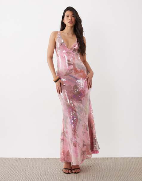 ASOS DESIGN glass sequin deep plunge fishtail maxi dress in pink occasion floral print