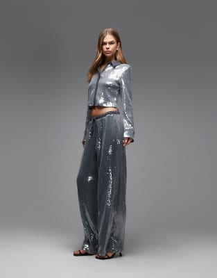 Asos Design Glass Sequin Drawstring Waist Wide Leg Pants In Gray