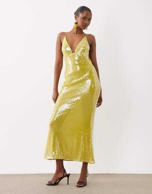 Asos Design Glass Sequin High Apex Plunge Maxi Dress In Green