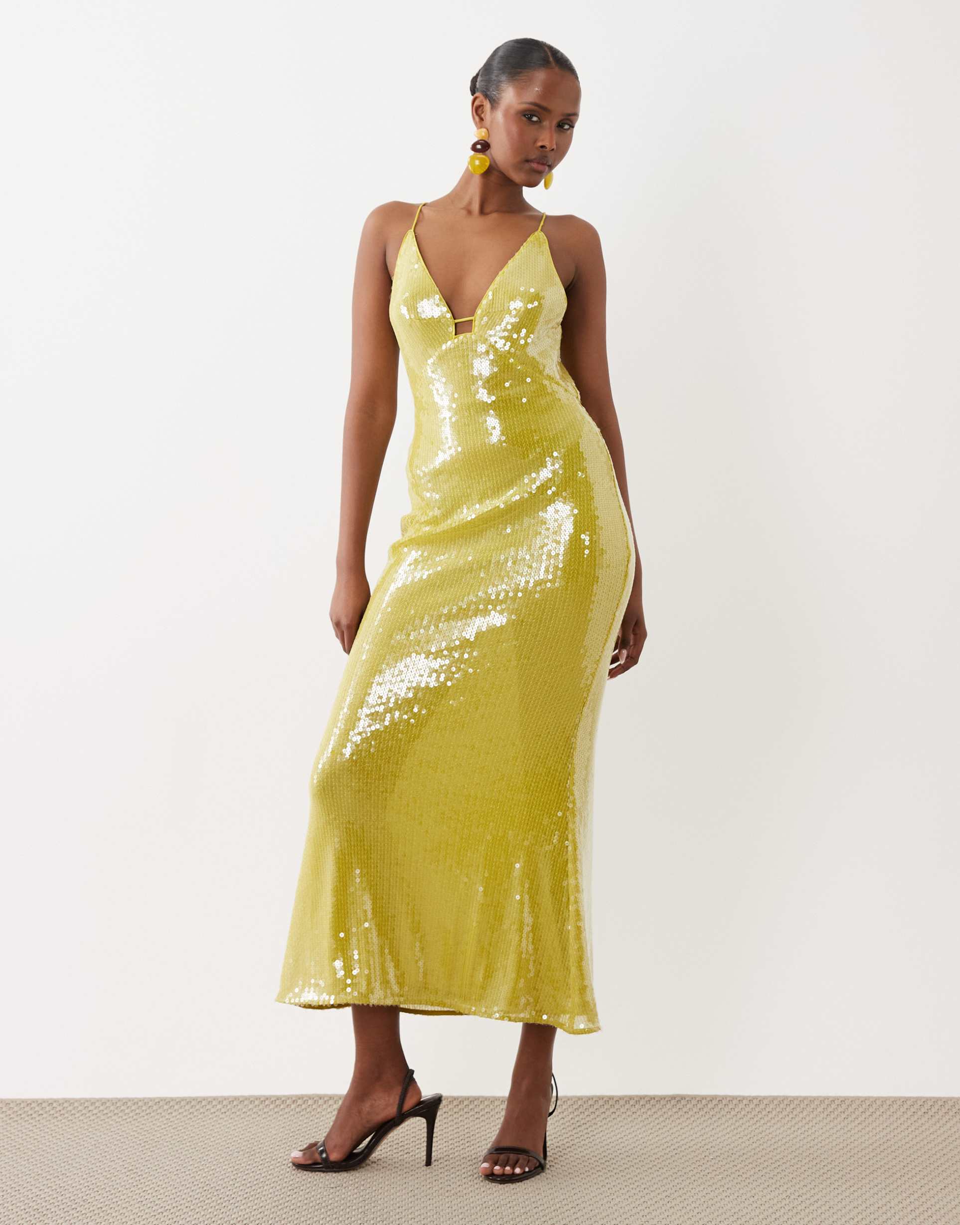 asos design glass sequin high apex plunge maxi dress in lime