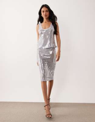 Asos Design Glass Sequin Pencil Midi Skirt In Silver