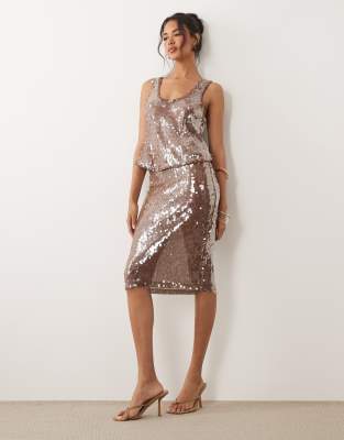 Asos Design Glass Sequin Pencil Midi Skirt In Brown