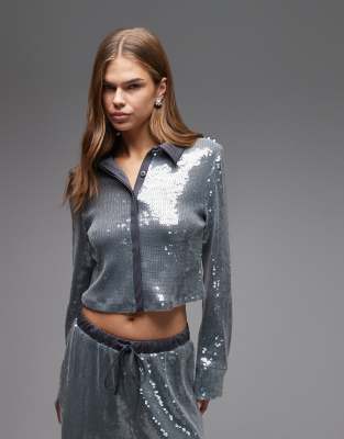 Asos Design Glass Sequin Shirt With Contrast Collar In Brown