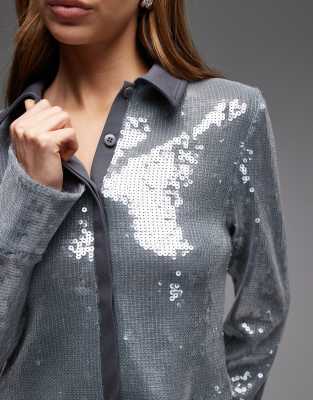 Asos Design Glass Sequin Shirt With Contrast Collar In Brown