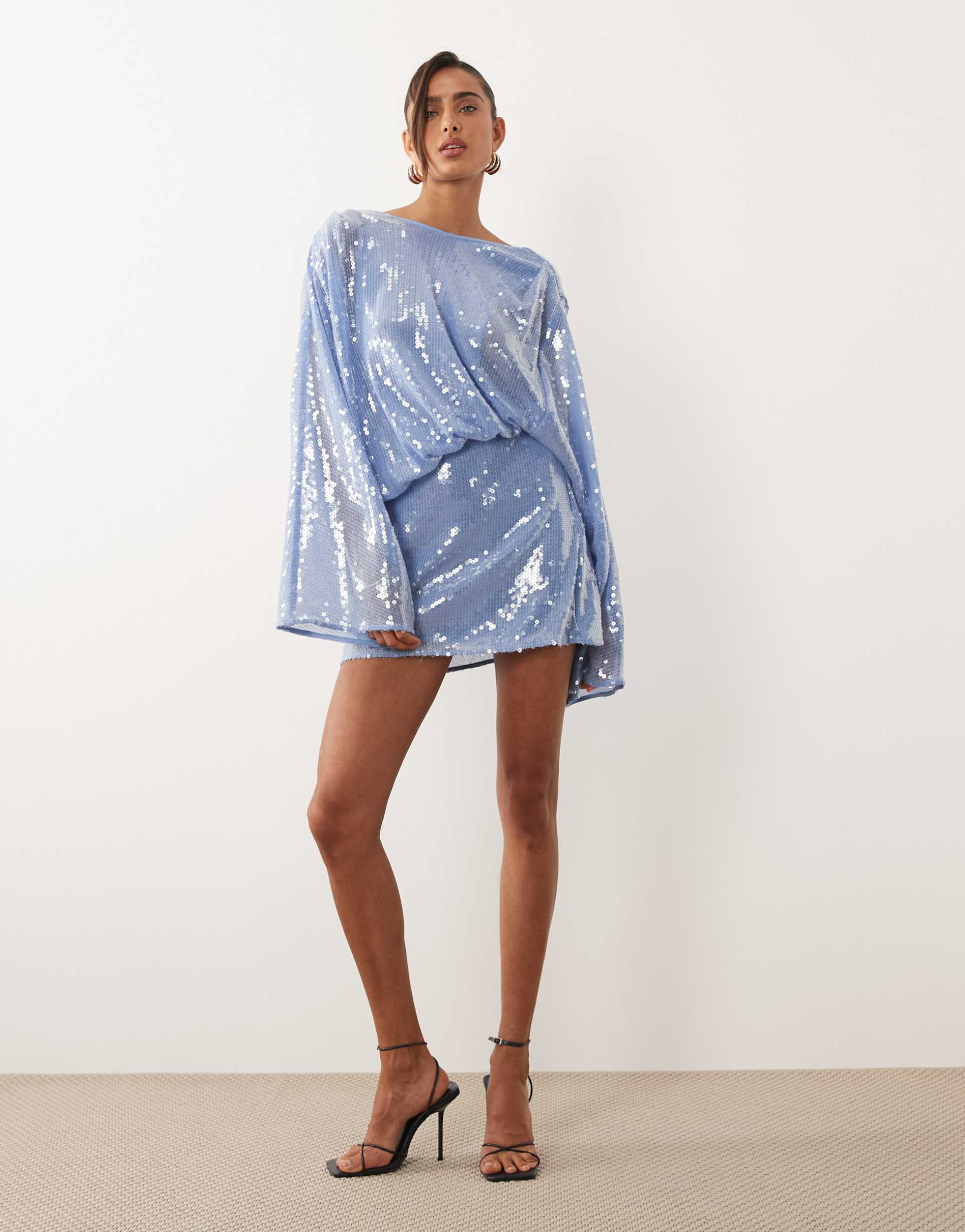 asos design glass sequins batwing sleeve mini dress with draped front bodice in blue