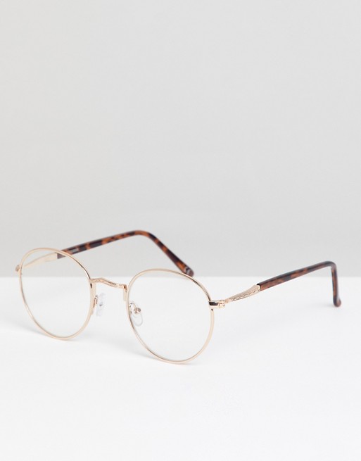 ASOS DESIGN fashion glasses in gold metal and tort with clear lenses