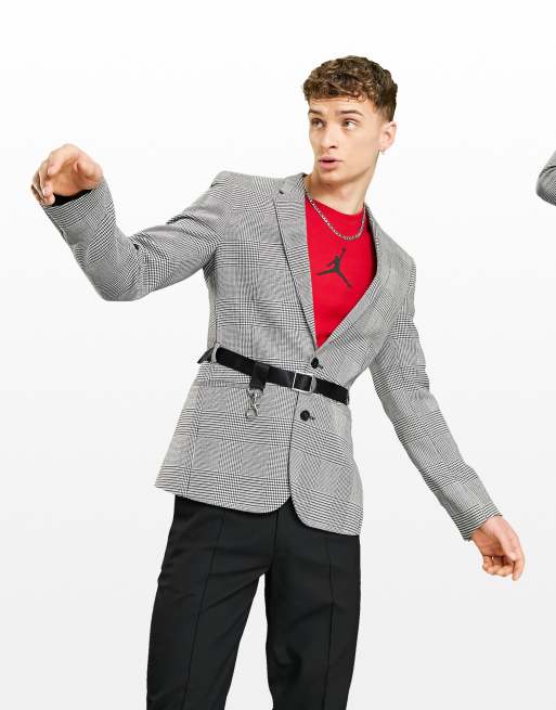 ASOS DESIGN – Glencheckrutig kavaj med smal passform och skärp