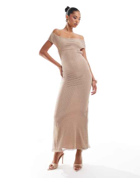 ASOS DESIGN - Glinsterende opengebreide maxi-bardotjurk in goudkleur - view 1