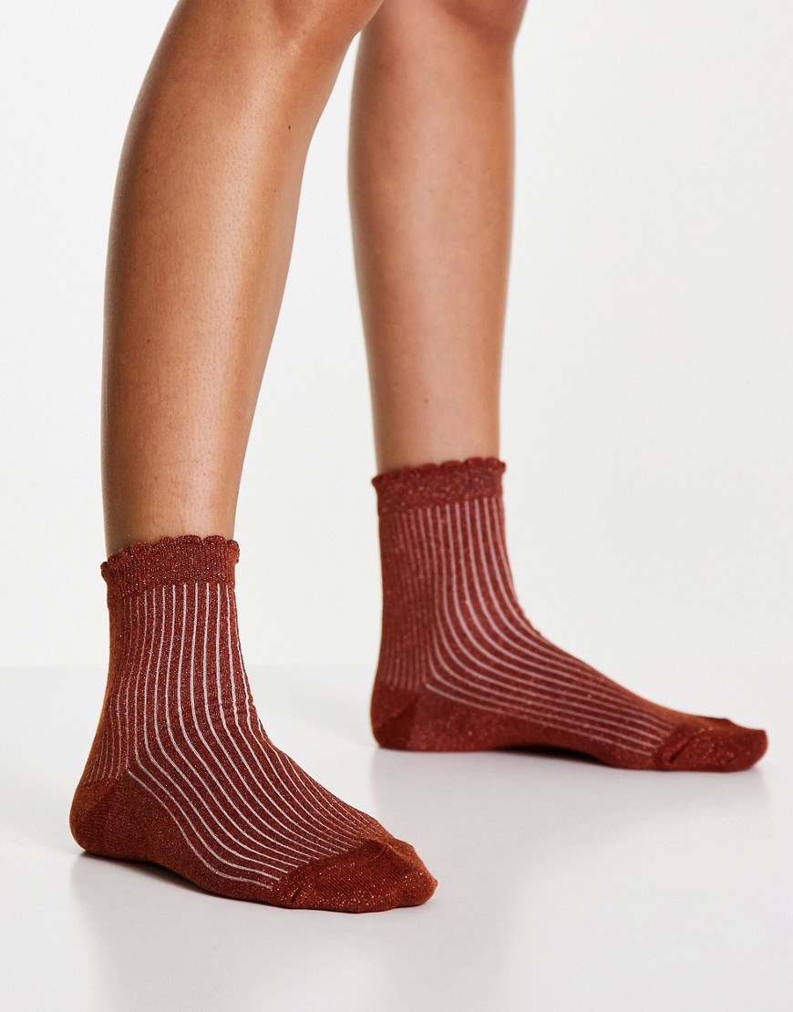 ASOS DESIGN glitter ankle socks with picot welt in rust-Brown
