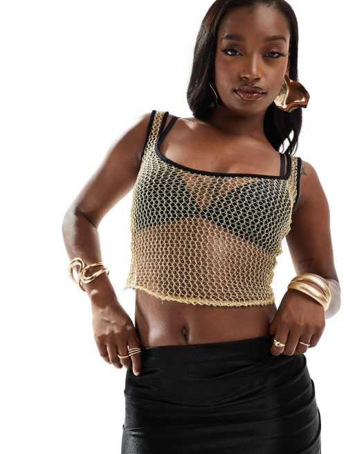 ASOS DESIGN glitter fishnet singlet top with binding in gold 