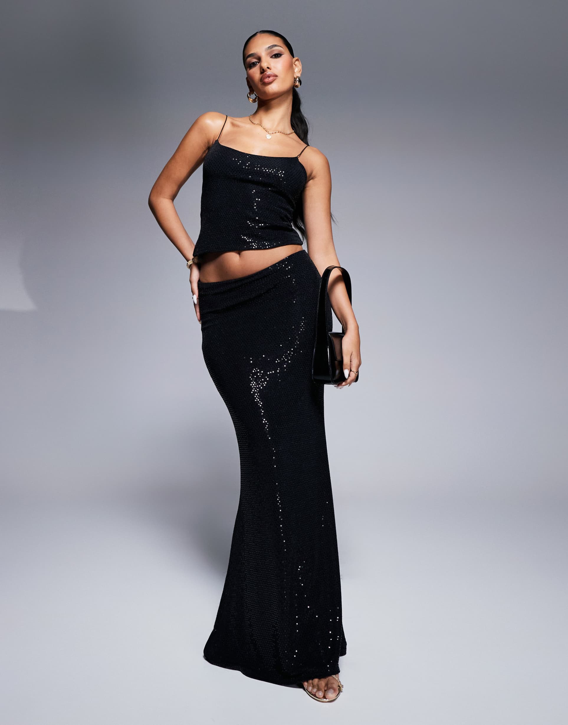 asos design glitter foil fishtail maxi skirt in black - part of a set