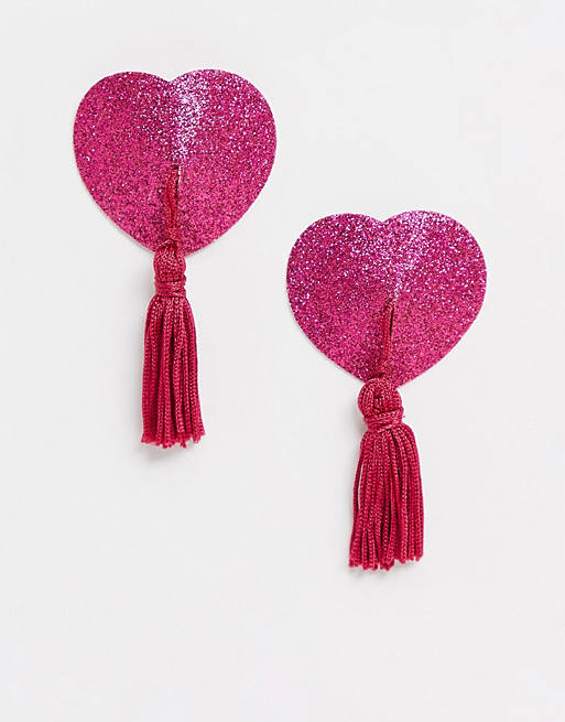 ASOS DESIGN glitter heart nipple tassels in pink