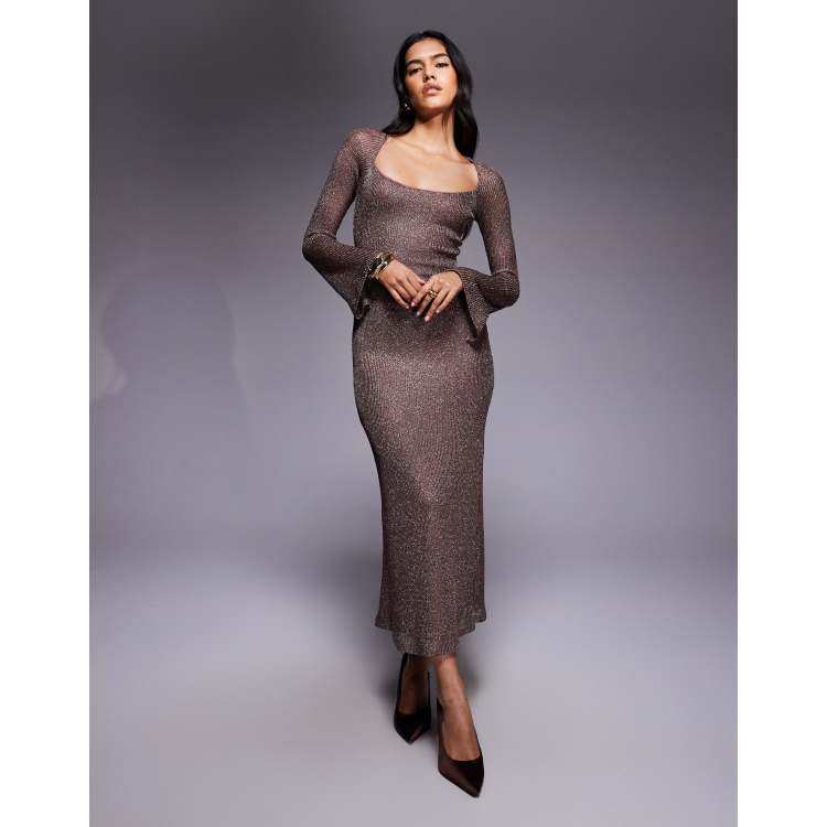 metallic knit rose gold one shoulder maxi dress self-portrait - Black Viscose Knit One Shoulder Maxi Dress