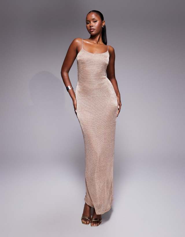 asos rose gold dress DESIGN glitter knit slinky cami maxi in velvet
