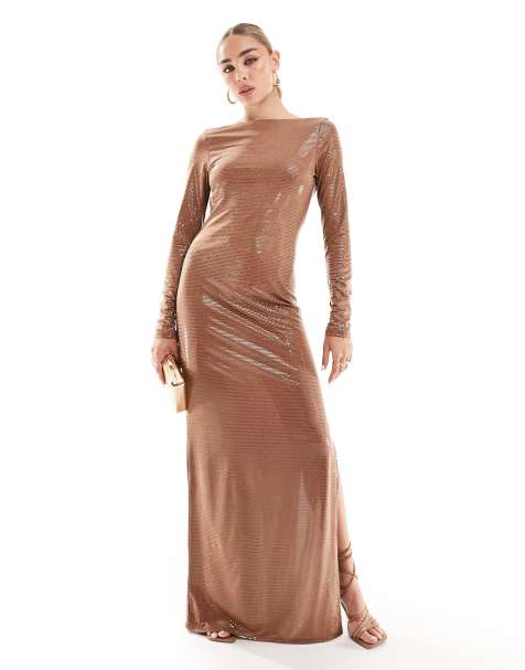 ASOS DESIGN one shoulder premium draped maxi dress with train detail in  chocolate brown