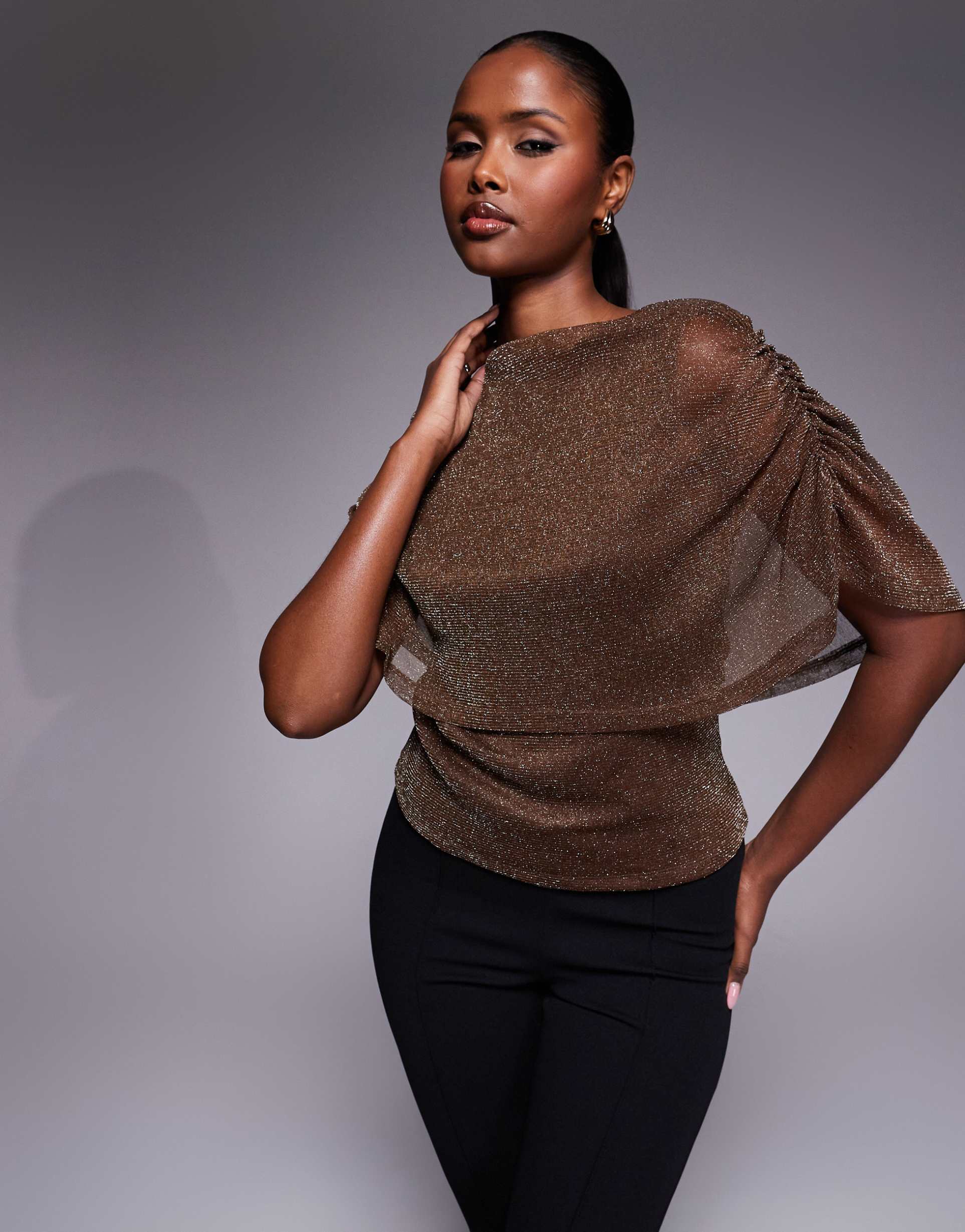 asos design glitter mesh cape overlay top in brown