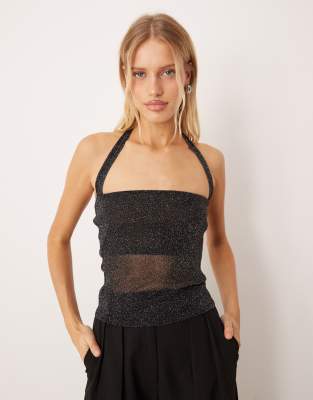 Asos Design Glitter Mesh Halter Top In Black